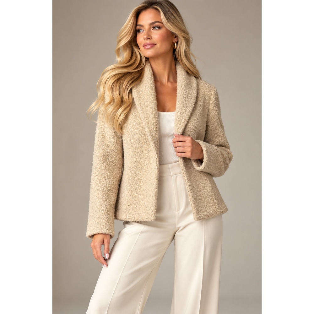 Eileen Fisher Women's Small Cream Wool Blend Textured Shawl Collar Blazer Jacket
